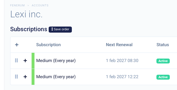 Subscriptions table on the account detail page in reorder mode, with drag handles next to each row and a Save order button next to the Subscriptions heading.
